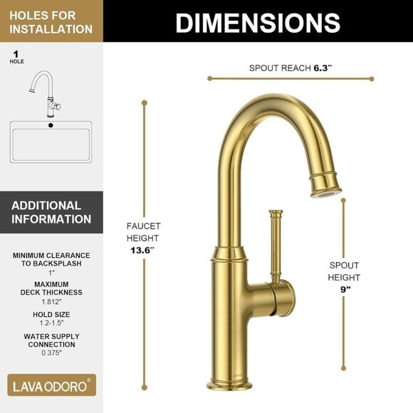 Lava Odoro Gold Bar Sink Faucet KBF201-SG - Picture 6 of 7